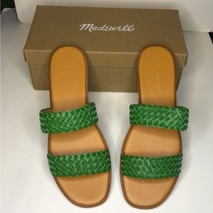 Madewell Braided Double-Strap Leather Flat Slides, Size 7.5, Sweet Basil (Green)